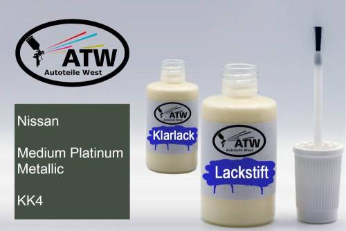 Nissan, Medium Platinum Metallic, KK4: 20ml Lackstift + 20ml Klarlack - Set, von ATW Autoteile West.